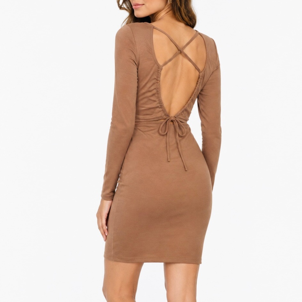 Cotton On Long Sleeve Criss Cross Back Mini Dress Bodycon Camel Size M